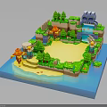 3D Pixel Style Castle Building With Green Trees Water Sand Beach And Characters