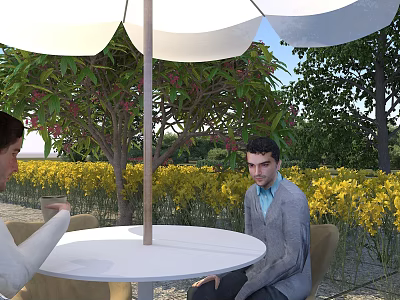 Residential Outdoor Landscape With White Round Table Umbrella Yellow Flowers And Trees 3d model