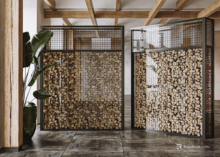 Traditional Tea House Interior With Wooden Screens Stacked Logs And Green Plants 3d model 