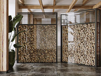 Traditional Tea House Interior With Wooden Screens Stacked Logs And Green Plants 3d model