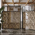 Traditional Tea House Interior With Wooden Screens Stacked Logs And Green Plants