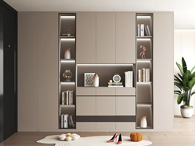 Modern Minimalist Shoe Cabinet Design With LED Lights Display Shelves And Decorative Items 3d model