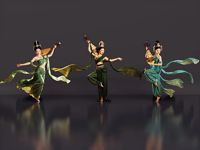 Three Female Dancers In Green Traditional Costumes Performing With Musical Instruments And Floating Sleeves 3d model