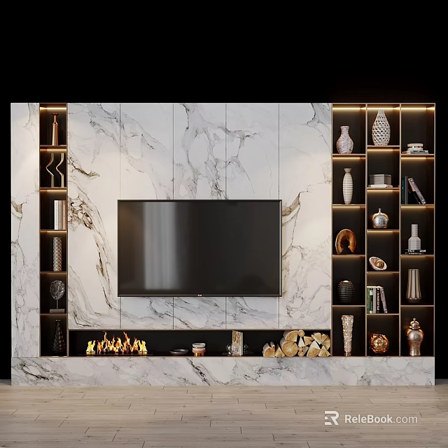 Marble TV Background Wall With Flat Screen TV Fireplace And Decorative Shelves 3d model