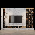 Marble TV Background Wall With Flat Screen TV Fireplace And Decorative Shelves 3d model