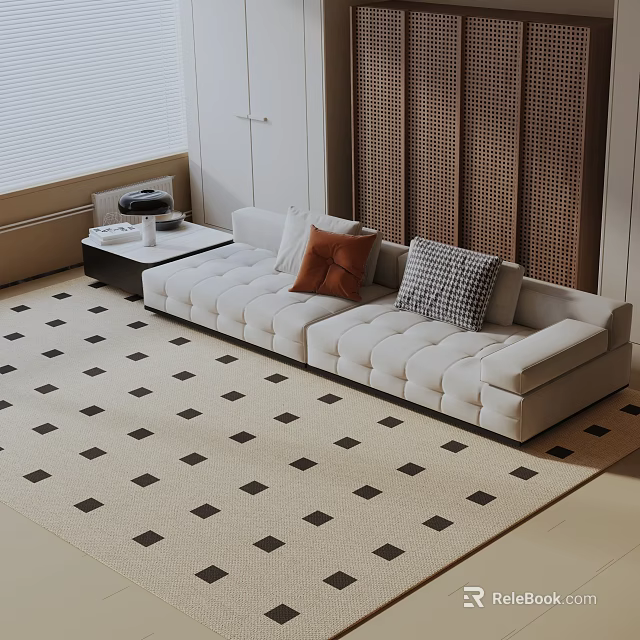 Beige Three Seater Sofa With Square Cushions Orange Checkered Pillows And Geometric Pattern Rug 3d model 