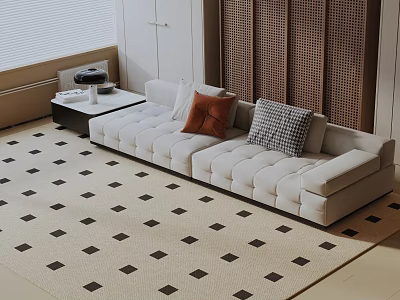 Beige Three Seater Sofa With Square Cushions Orange Checkered Pillows And Geometric Pattern Rug 3d model