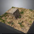 Rough Natural Stone Block on Square Dirt Ground Surrounded by Small Stones and Green Plants