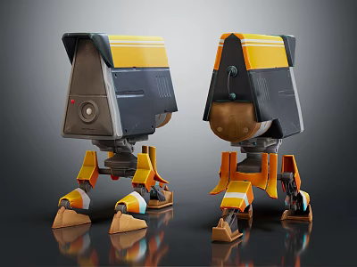 Yellow And Black Robot Characters With Mechanical Legs And Dome Shaped Heads 3d model