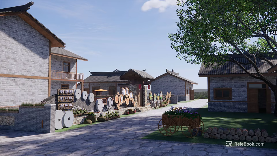 Traditional Rural Self Built House Courtyard With Millstones Wooden Wheels Green Trees And Stone Pavement 3d model 
