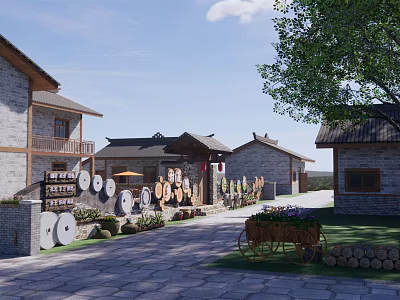 Traditional Rural Self Built House Courtyard With Millstones Wooden Wheels Green Trees And Stone Pavement 3d model