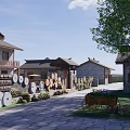 Traditional Rural Self Built House Courtyard With Millstones Wooden Wheels Green Trees And Stone Pavement