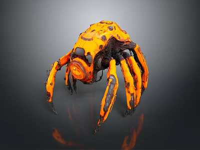 Orange Black Mechanical Spider Like Creature 3D Rendering With Detailed Legs And Textures 3d model