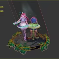 Pink Haired Cat Eared Maid Character With Enchanting Creatures On Stone Platform Green Foliage