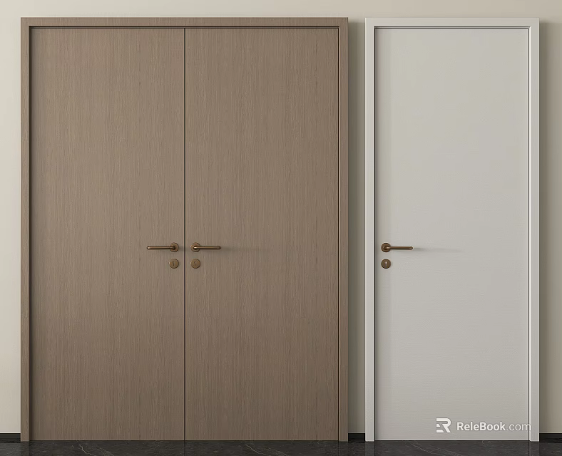 Modern Wooden Brown Double Doors With Brass Handles For Interior Design 3d model 