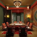 Traditional Chinese Dining Room Interior With Round Table Chairs Green Curtains And Decorative Wall Art