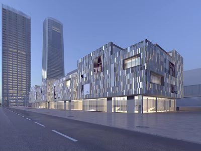 Modern Commercial Complex With Metallic Facade And Geometric Windows In Urban Setting 3d model