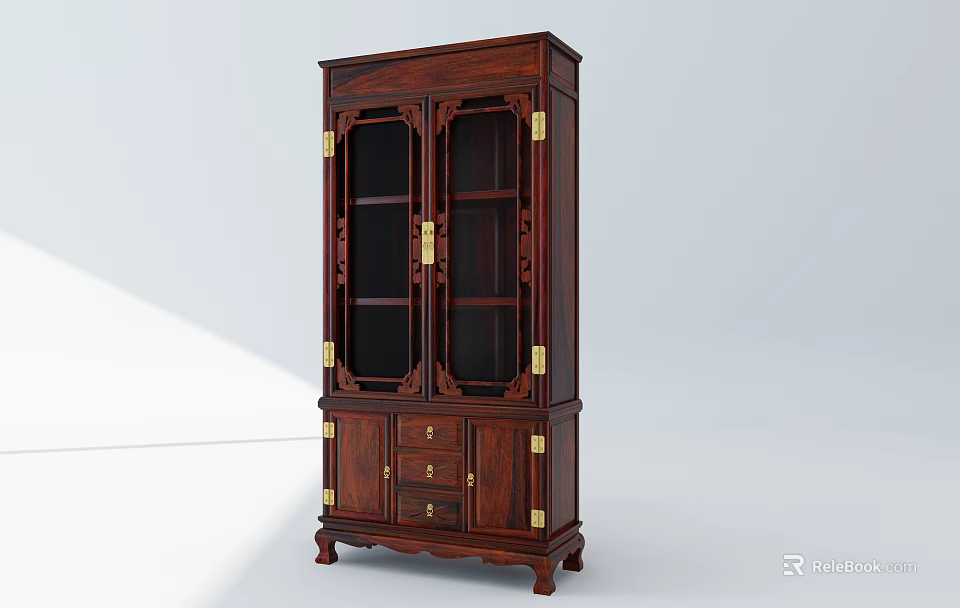 Classic Dark Wood Wine Cabinet With Glass Doors Golden Hardware And Drawers 3d model 