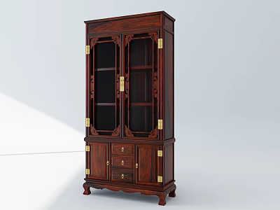 Classic Dark Wood Wine Cabinet With Glass Doors Golden Hardware And Drawers 3d model