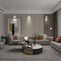 Modern Living and Dining Room Interior With Decorative Painting Geometric Tiles Dining Table and Sofa