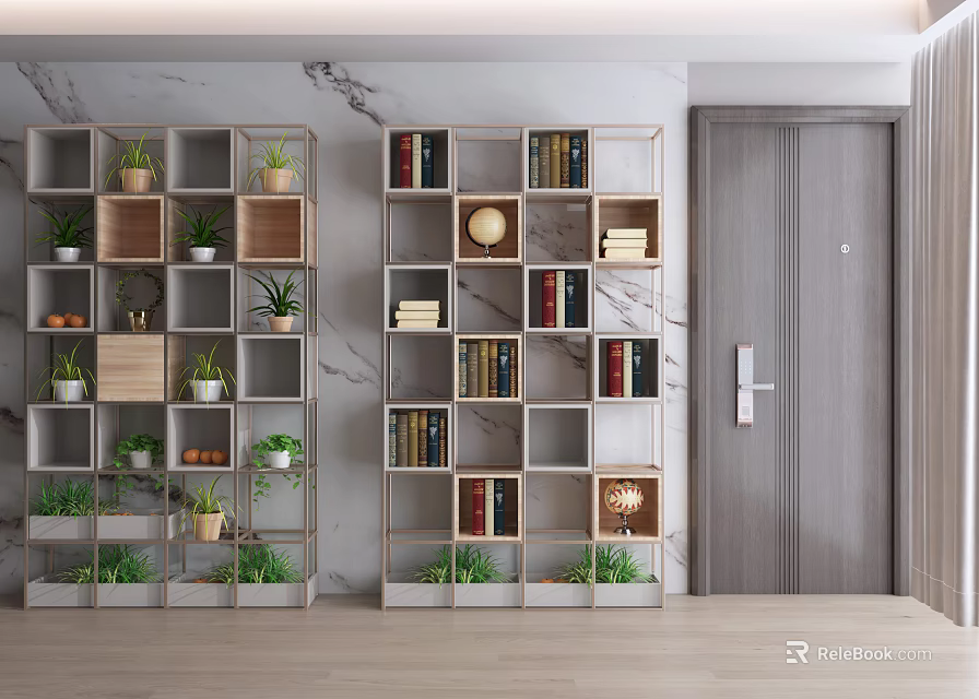 Modern Wooden Storage Shelves In Home Interior With Books And Green Plants 3d model 