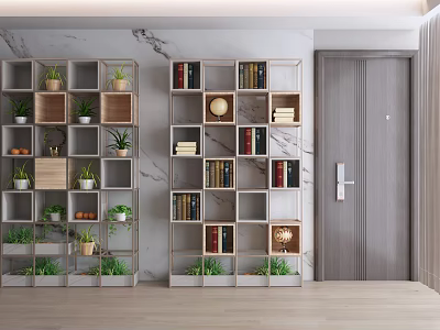 Modern Wooden Storage Shelves In Home Interior With Books And Green Plants 3d model