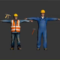 Construction Workers Wearing Yellow Hard Hats Safety Vest And Blue Overalls With Tools