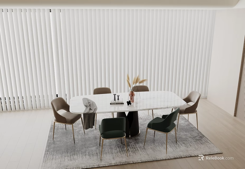 Modern Dining Living Room Interior With White Shutters Dining Table Chairs And Decorative Plant Rug 3d model 