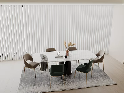 Modern Dining Living Room Interior With White Shutters Dining Table Chairs And Decorative Plant Rug 3d model