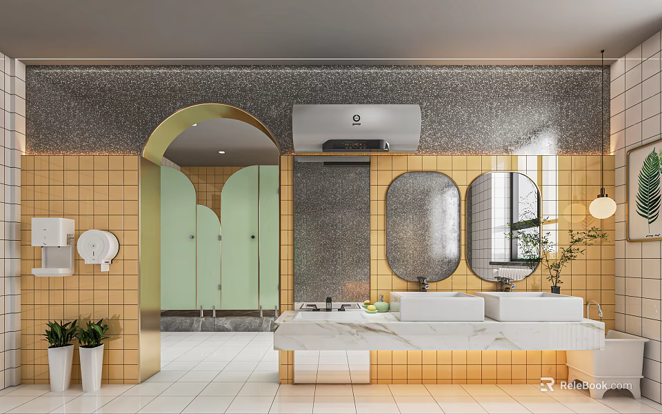 Modern Public Restroom Interior With Golden Tiles Green Stalls Marble Sink Counter Mirrors And Plants 3d model 