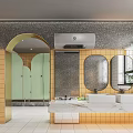 Modern Public Restroom Interior With Golden Tiles Green Stalls Marble Sink Counter Mirrors And Plants