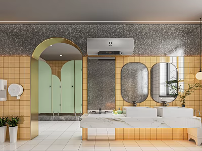 Modern Public Restroom Interior With Golden Tiles Green Stalls Marble Sink Counter Mirrors And Plants 3d model