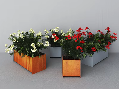 Bonsai Potted Plants With White Red Flowers Green Leaves In Orange Wooden And Gray Planters 3d model