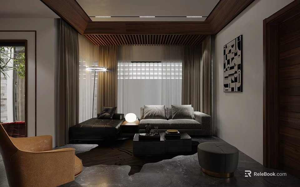 Modern Living Room Interior Design With Wooden Ceiling LED Lights Dark Sofa And Decorative Art 3d model 