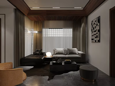 Modern Living Room Interior Design With Wooden Ceiling LED Lights Dark Sofa And Decorative Art 3d model