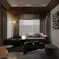 Modern Living Room Interior Design With Wooden Ceiling LED Lights Dark Sofa And Decorative Art