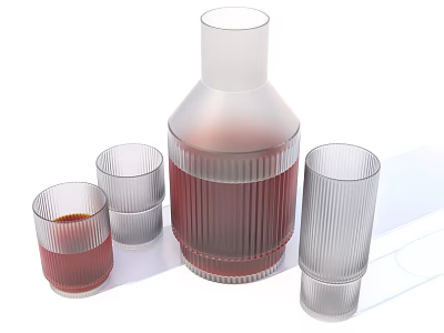Transparent Striped Glass Cups With Red Liquid And Matching Bottle Set 3d model