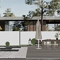 Tranquil Courtyard Garden With White Wall Wooden Deck Outdoor Dining Table Umbrella And Green Trees