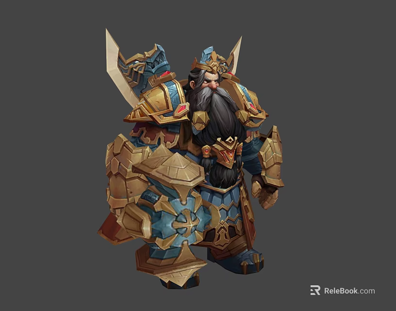 Fantasy Warrior Character Wearing Heavy Armor With Golden Blue Accents Spiked Shoulders And Long Beard 3d model 