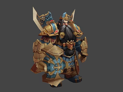 Fantasy Warrior Character Wearing Heavy Armor With Golden Blue Accents Spiked Shoulders And Long Beard 3d model