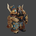 Fantasy Warrior Character Wearing Heavy Armor With Golden Blue Accents Spiked Shoulders And Long Beard