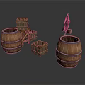 Rustic Wooden Storage Collection Featuring Barrels Crates Ladder And Metal Accents