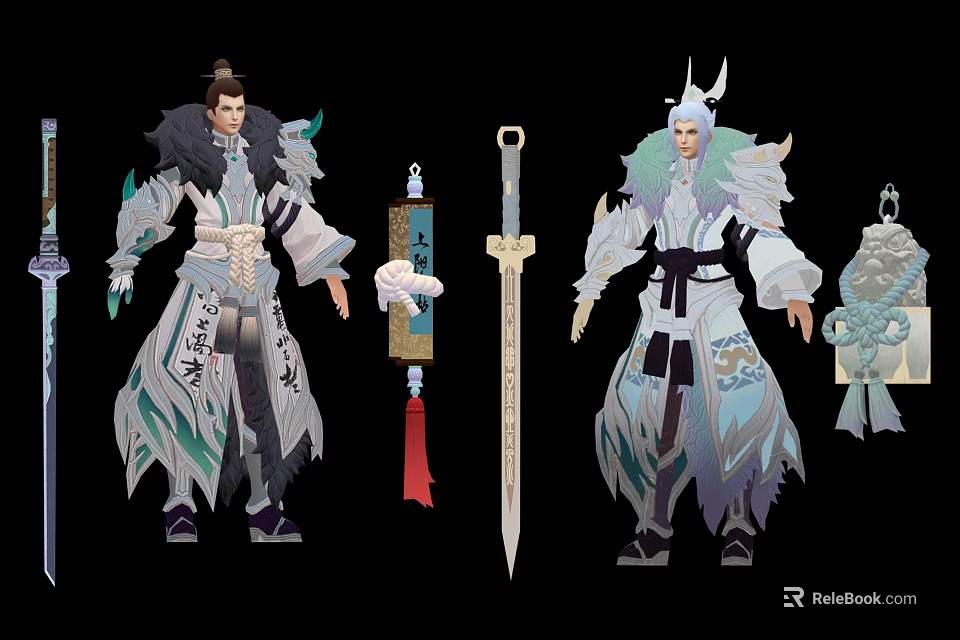 Elaborate Mythical Characters With Creature Motifs In Traditional Robes Holding Swords And Scrolls 3d model