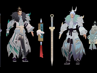 Elaborate Mythical Characters With Creature Motifs In Traditional Robes Holding Swords And Scrolls 3d model