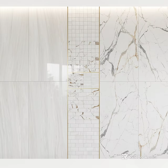 Modern Decorative Wall Panel With White Marble Texture Grid Pattern And Golden Lines 3d model