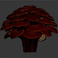 Red Mushroom Like Plant With Circular Stacked Shiny Red Caps Against White Background