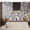 Bedroom Interior Design With Black And White Stone Wallpaper Bed Nightstands Lamp Painting And Rug