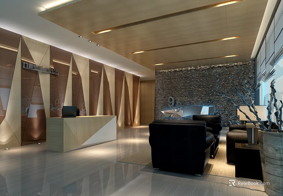 Modern Front Desk Reception Area With Wooden Ceiling Geometric Walls Stone Decor And Black Sofas 3d model 