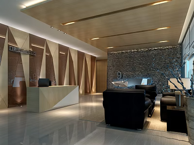 Modern Front Desk Reception Area With Wooden Ceiling Geometric Walls Stone Decor And Black Sofas 3d model