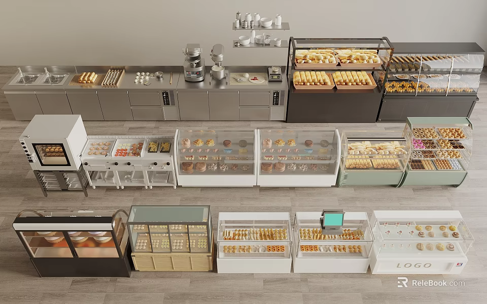 Modern Glass Display Shelves and Cases in Bakery Organized for Fresh Pastries Showcasing 3d model 